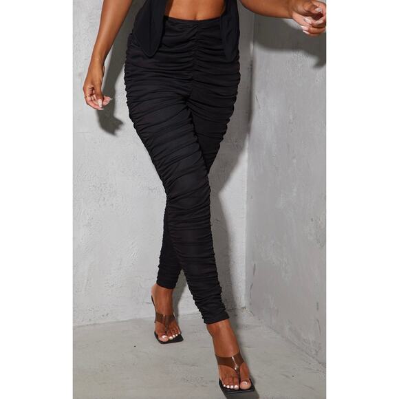 PrettyLittleThing Black Mesh Ruched Full Length Legging - Picture 1 of 7